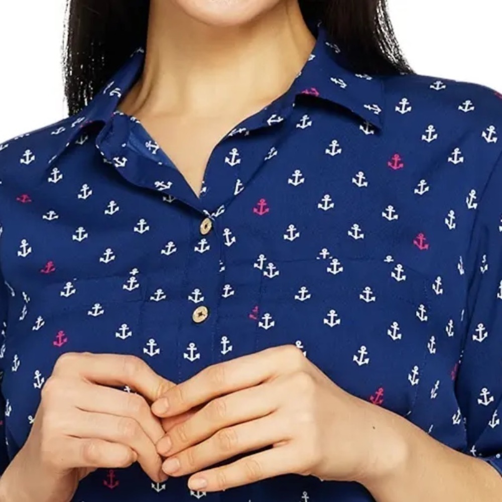 C. Wonder Women’s Anchor Print Button Front "Carrie" Blouse Navy Size 10 - Picture 2 of 7